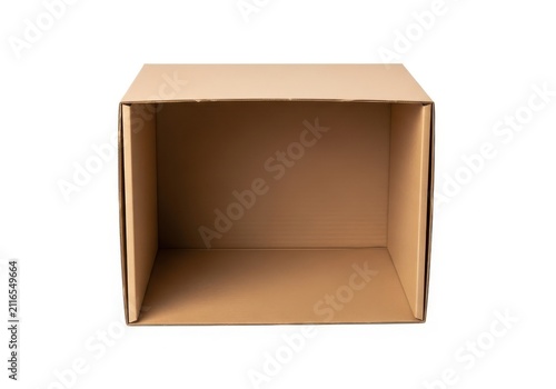 Empty brown cardboard box with open flaps isolated on white background