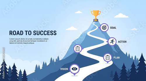 Road to success concept illustration, winding path up mountain to trophy goal, vision plan action steps, business metaphor.