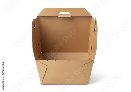 Empty cardboard box with reinforced lid and handles isolated on white background