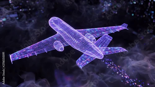 Aircraft with a glowing wireframe structure flying through a dark space. Advanced aviation technology and digital engineering for modern air travel, transport and aerospace innovation with data