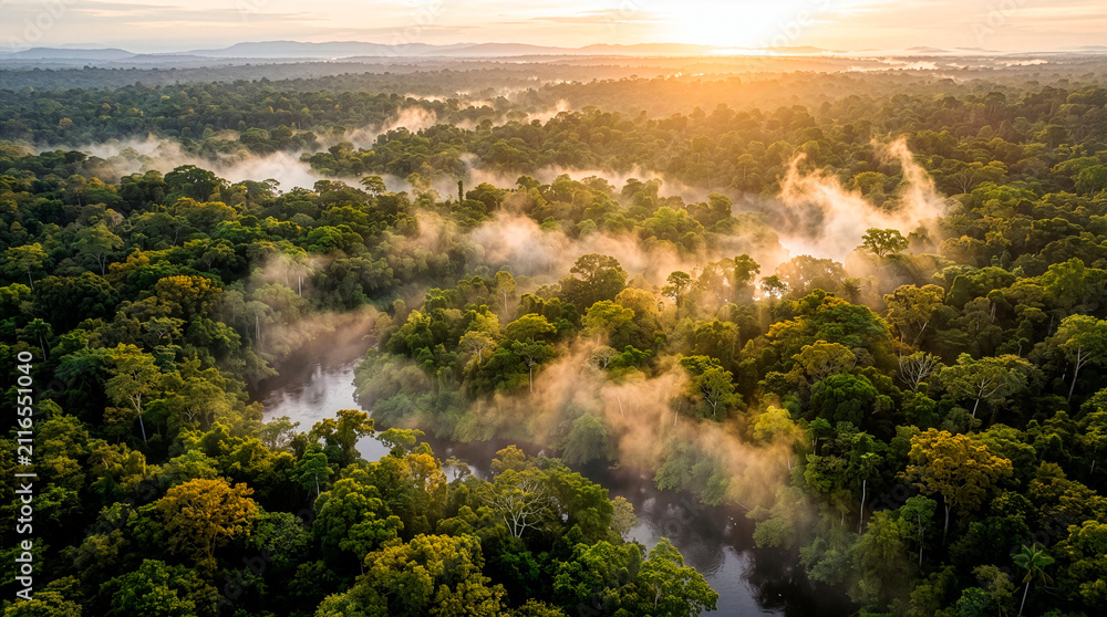 Fototapeta premium Amazon Rainforest Sunrise: An aerial view of the vast Amazon rainforest at sunrise, with a winding river reflecting the golden light and mist rising from the dense canopy.