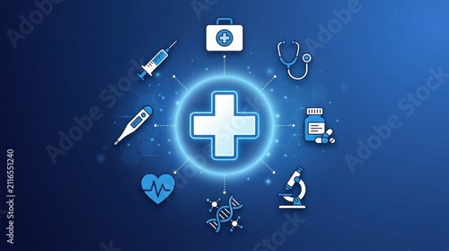 Abstract medical background with a glowing cross symbol surrounded by various healthcare icons on a deep blue gradient digital surface