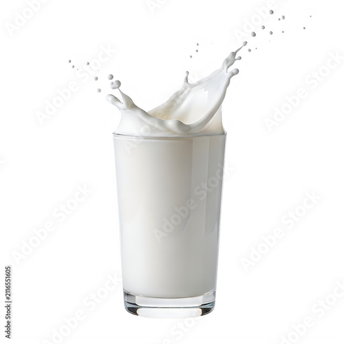Fresh glass of milk with a large splash isolated on white