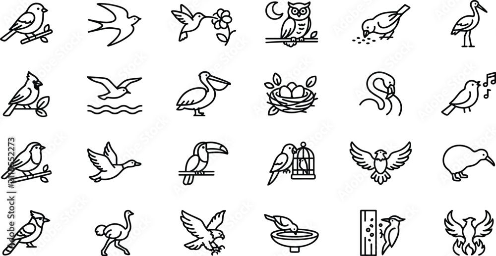 Fototapeta premium Bird and Wildlife Line Icon Collection Featuring Sparrow Swallow Hummingbird Owl Pelican Toucan Eagle Nest Dove and Nature Outline Symbols