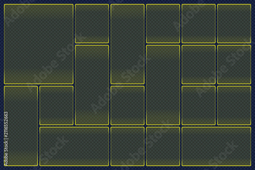 Transparent Glassmorphism UI Grid Layout with Yellow Glowing Borders