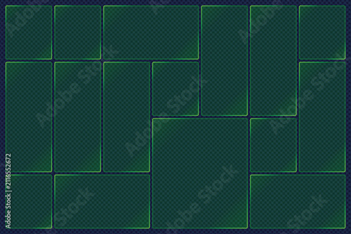 Transparent Glass Tiles with Futuristic Green Neon Grid Panel Template