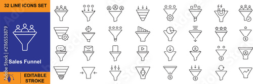 Cuadro en lienzo 32 Sales Funnel Vector Outline Icons Set – Marketing, Conversion, Lead Generation and Business Line Symbols Collection