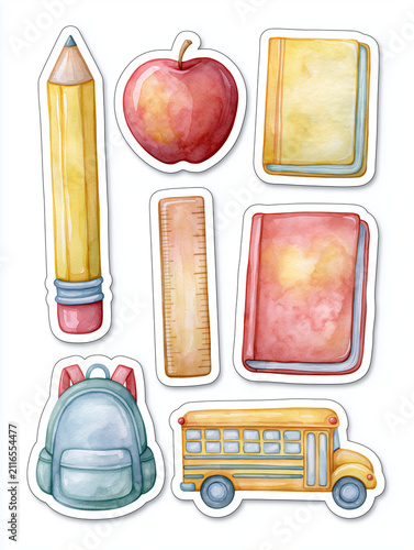 Watercolor school supplies sticker set with pencil, apple, notebooks, ruler, backpack and bus for back to school