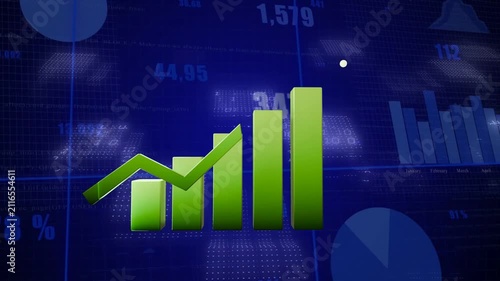 Green dashed blocks morphing sparking 3D bars growing into arrow % emerging showing upward trend