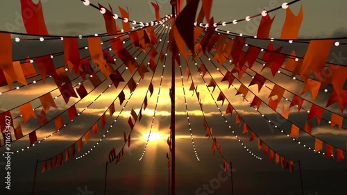 Sun backlighting, breeze animating orange pennants and bulbs, camera revealing canopy depth