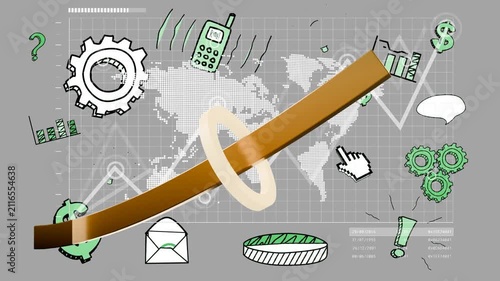 Sketched icons appearing prompt golden bar growing into arrow while ring rotating showing growth