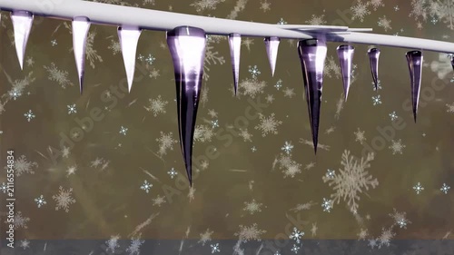 Camera sliding right revealing glossy icicles glinting while flakes drifting showcasing ledge