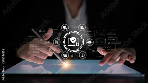 Konstfotografi Digital Security Concept with Hands Interacting with Data Visualization and Protection Icons on a Screen in a Dark Environment