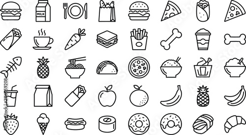 Minimalist black line art food and drink icon set featuring burgers pizza fruits sushi noodles coffee snacks for restaurant menu design