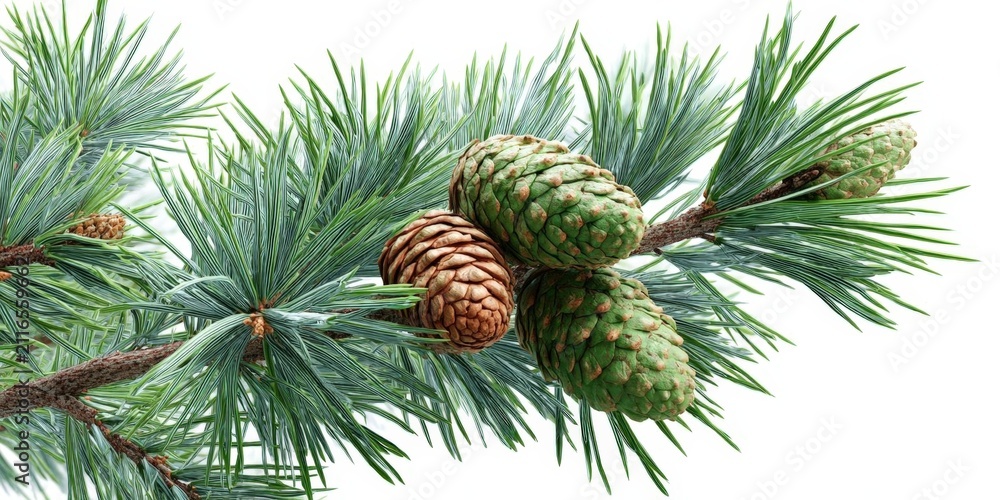 Fototapeta premium Green Pine Leaf Branch with Cone on White Background