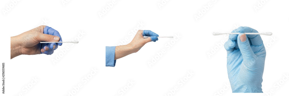 Fototapeta premium Set of Goved Hands Holding Cotton Swabs and Q-Tips Isolated on White Background, Medical Testing and Hygiene Concept, Healthcare Laboratory Asset, Digital Design Element, Transparent PNG Vector Style 