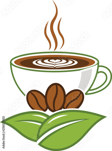 Quadro su tela White cup of coffee with latte coffee beans, and green leaves_2