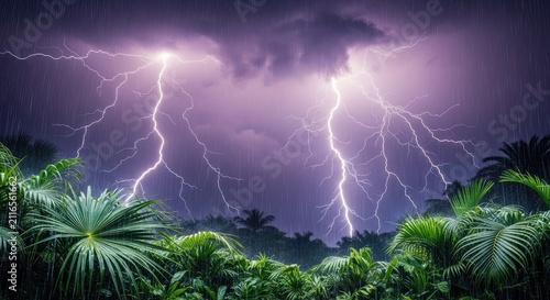 Dramatic lightning bolts illuminate a dark purple sky over a lush jungle landscape with heavy rain falling onto large exotic palm leaves, wilderness, rain, texture