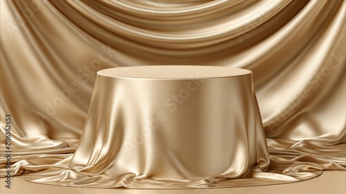 Empty champagne satin podium with gentle sheen on gold stage