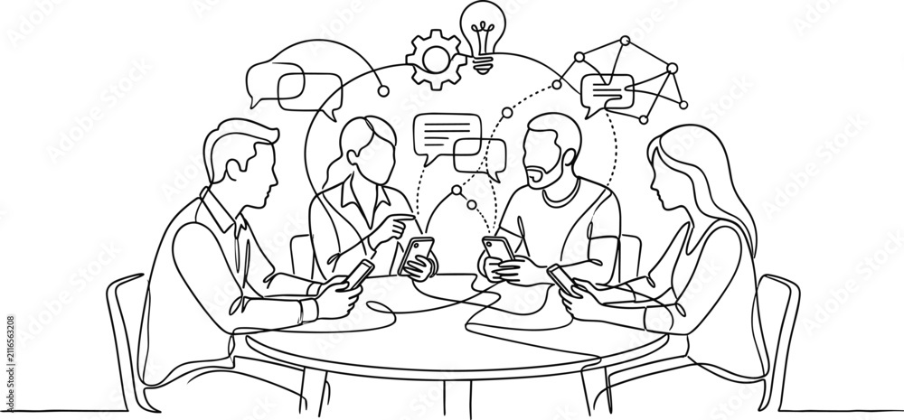 Obraz premium Continuous line art vector illustration of teamwork and digital collaboration with people, devices, and communication iconsContinuous line art vector illustration of teamwork and,