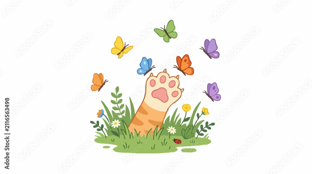 Fototapeta premium playful cat paw with butterflies, grass and natural elements, clean minimalist flat vector design, isolated on white background.
