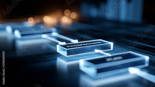 Bright sales pipeline management process with stages prospecting qualification and plan on a clean light diagram glowing stage blocks connected by arrows sales pipeline