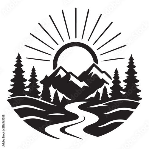 Sunrise Mountain Landscape Circular Vector Illustration
