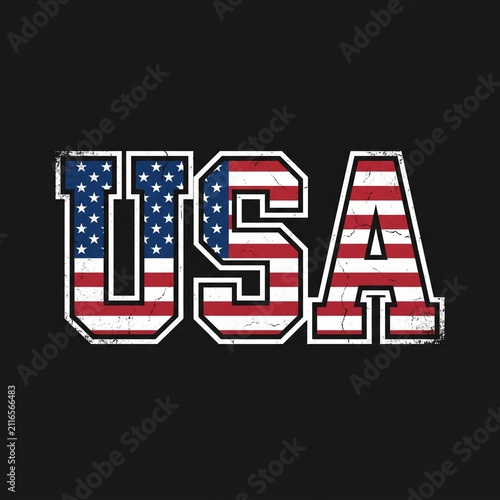 Distressed USA typography with American flag texture on black background vintage patriotic t-shirt print graphic for national celebration and pride