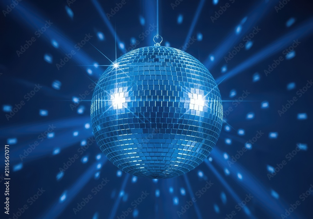 Obraz premium A stunning vibrant blue disco ball covered in shiny mirrors reflects brilliant light and glitter for a festive dance and music celebration, round, event, bright