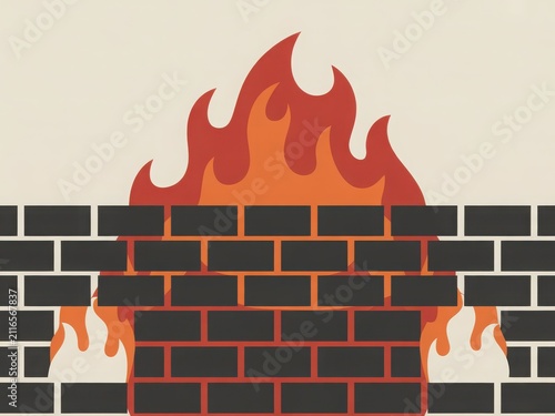 A fiery blaze consuming a brick wall with flames reaching upwards dramatically