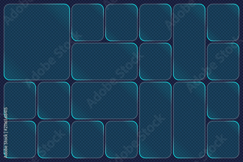 Futuristic Blue Neon Grid Panel Template with Transparent Glass Tiles