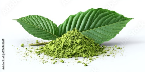 Kratom Extract Green Powder from Mitragyna Speciosa Leaf on White Background