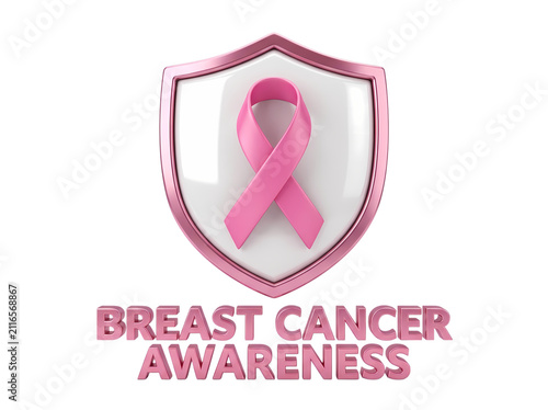 Pink ribbon breast cancer awareness symbol on a protective shield with 3D text below transparent background