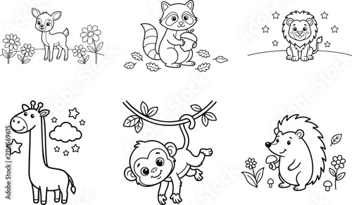 Canvas Print Cute Forest and Safari Animal Coloring Page Collection Featuring Deer Raccoon Li