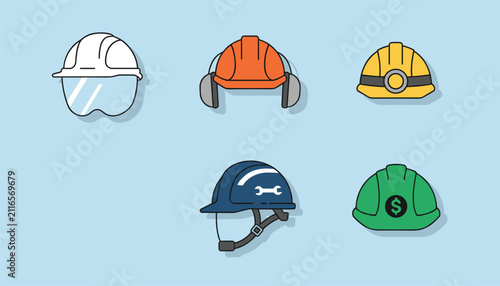 Collection of five protective industrial safety helmets representing construction, mining, and finance jobs.