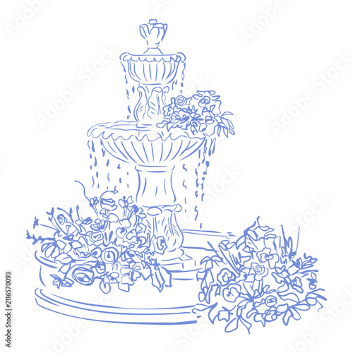 Romantic Wedding Hand Drawn Clipart with Invitations, Floral Decorations and Fountain, Vecrot Illustration for Coquette French Wedding