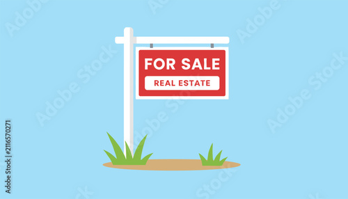 Bright red real estate for sale sign standing on a white wooden post in green grass against a clear blue sky.