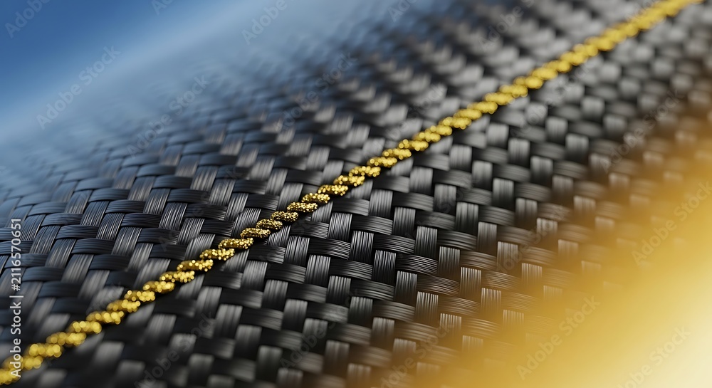 Fototapeta premium Carbon fiber texture with gold thread. Abstract industrial background with woven material.