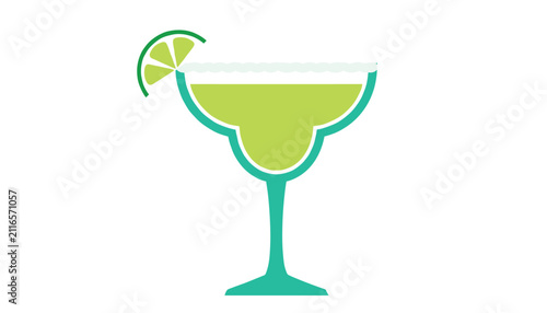 Classic lime green margarita cocktail glass decorated with a salted rim and fresh lime slice on white background.
