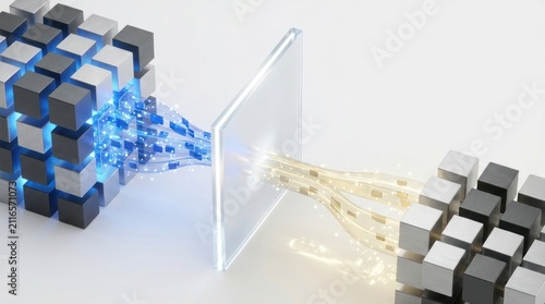 Controlled data custody transfer through a transparent data governance layer, blue and gold information flow between structured digital clusters, 3D technology illustration with copy space