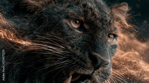 A fierce black panther with glowing eyes and fiery mane against a dark background, captured in cinematic detail.