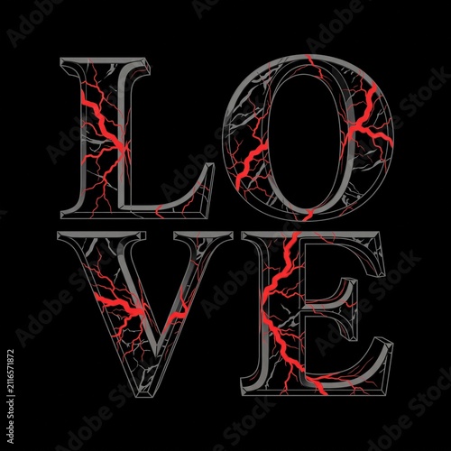 Premium t-shirt print design featuring bold LOVE typography with cracked black marble texture and glowing red lightning on dark background