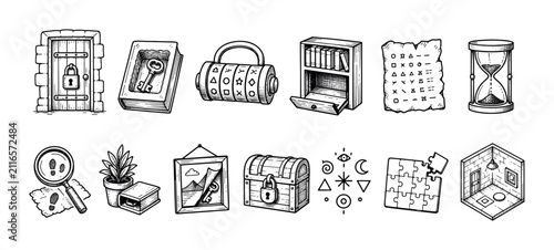Set of hand-drawn escape room icons featuring a locked door, hidden key, cryptex, puzzle, and treasure chest in a vintage sketch style for a quest game concept