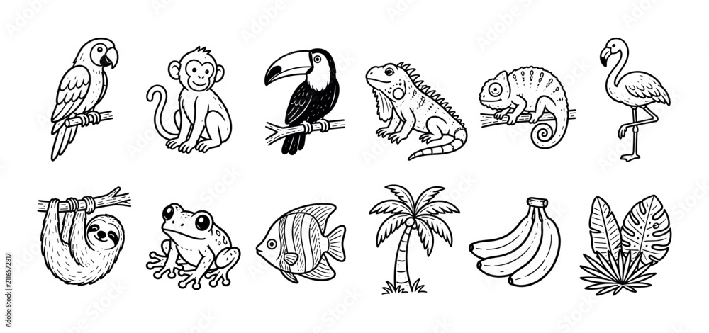 Fototapeta premium Collection of cute tropical jungle animal and plant icons in a black and white hand-drawn doodle style, including a parrot, monkey, toucan, iguana, sloth, and frog