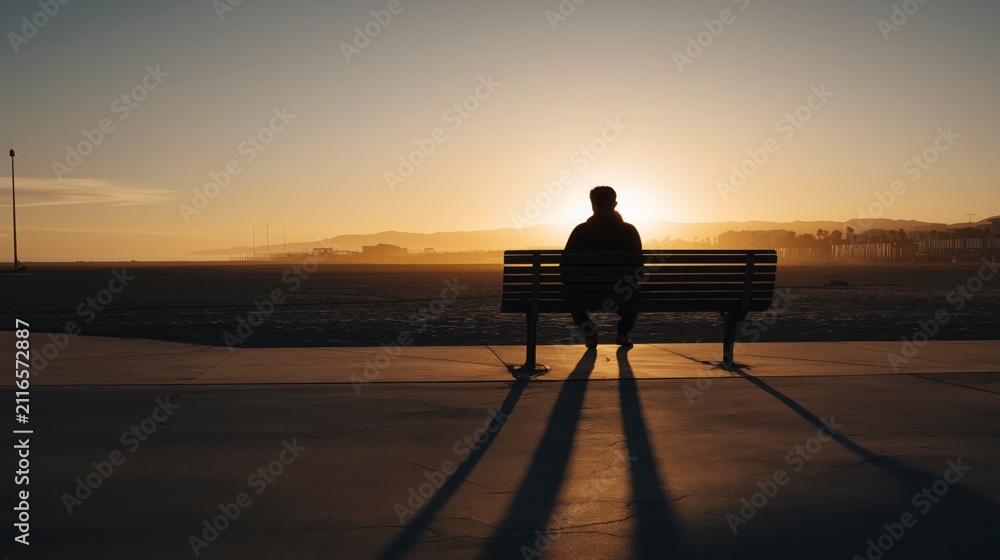 Fototapeta premium Title and idea: A lone person resting on a bench at sunset reflects the quiet strength of solitude, where stillness and fading light invite peace, hope, and thoughtful reflection. 