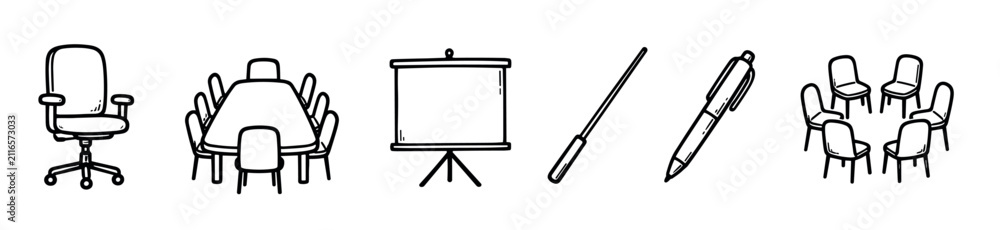 Obraz premium Set of black and white hand-drawn office icons for business meetings and presentations, including a conference table, chair, screen, pen, and circle of chairs in a simple doodle style