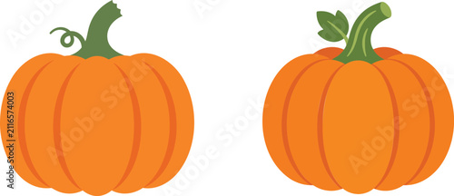 Halloween two pumpkins with green stems and leaves, jack o lanter