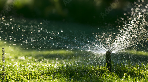 Automatic sprinkler system sprays water droplets onto a fresh green lawn.
