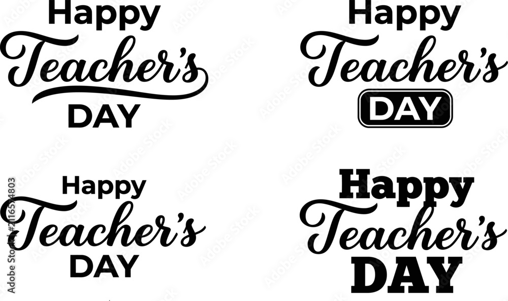 Fototapeta premium Set of four creative happy teacher's day smart typography designs featuring elegant hand lettering and modern calligraphy style elements