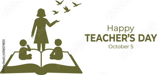 Happy teacher's day smart typography design featuring a teacher and students with an open book and flying birds illustration